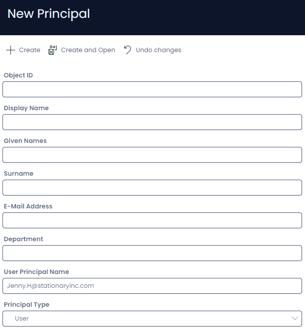 New Principal form filled in with UPN and Principal Type populated